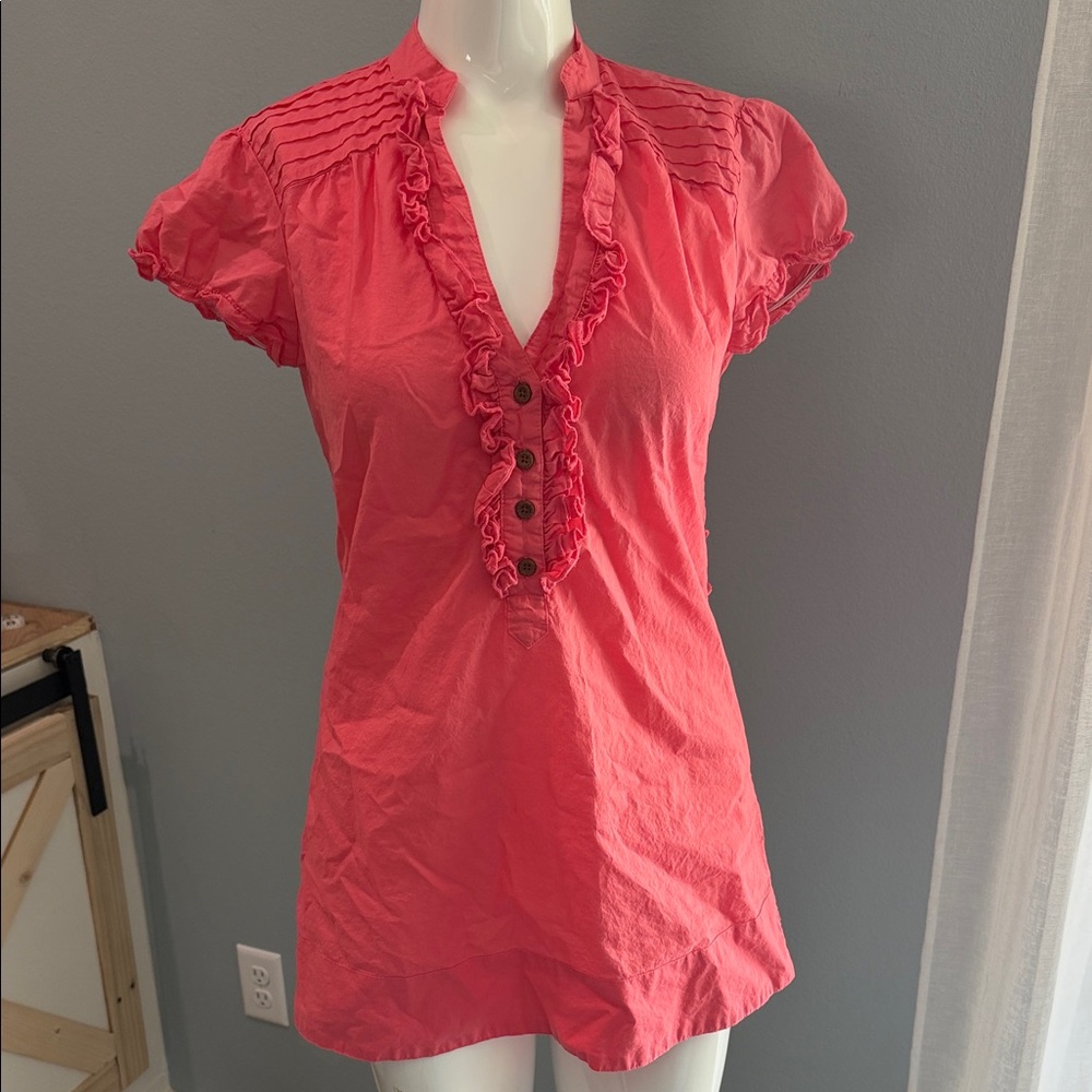 Ali & Kris 100% Cotton Pink Ruffle Sleeves Bust Button Feminine Flowy Blouse S